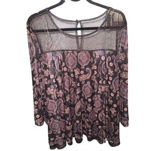 NWT Loralette Women's 3X Paisley Mesh Long Sleeve Tunic Top Black